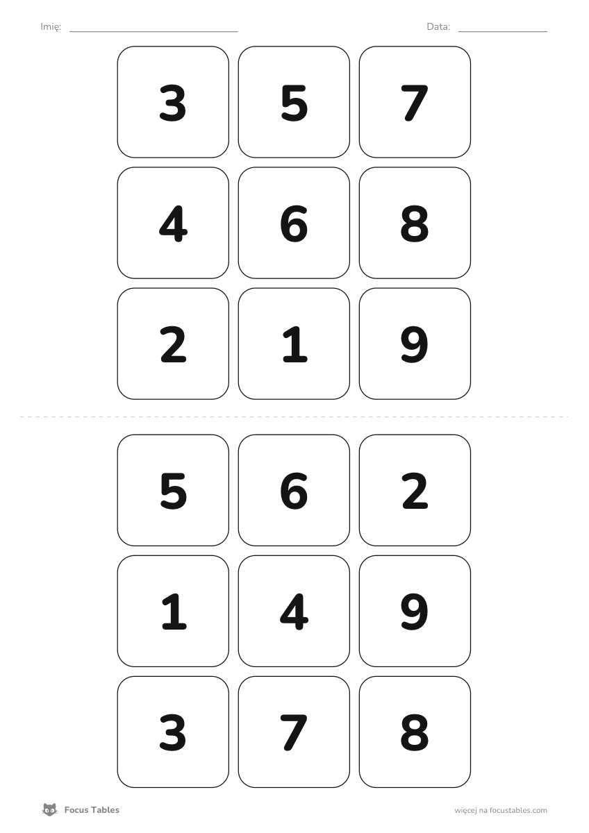 Printable 3×3 Schulte table (PDF) - for kids