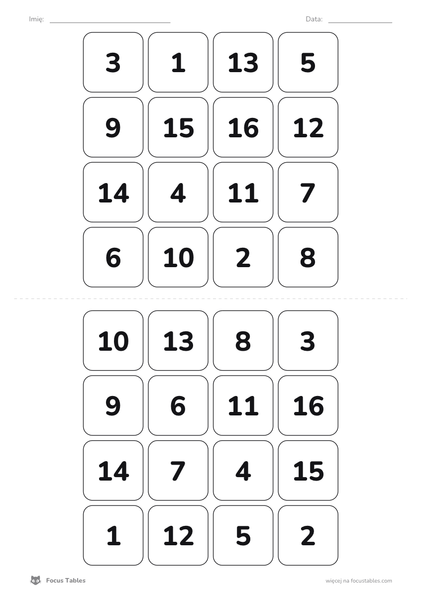 Printable 4×4 Schulte table (PDF) - kids and beginners