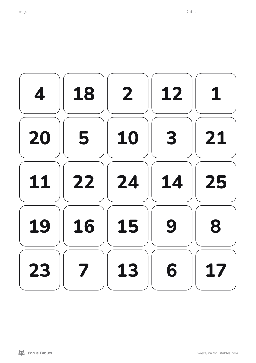 Printable 5×5 Schulte table (PDF) - the classic