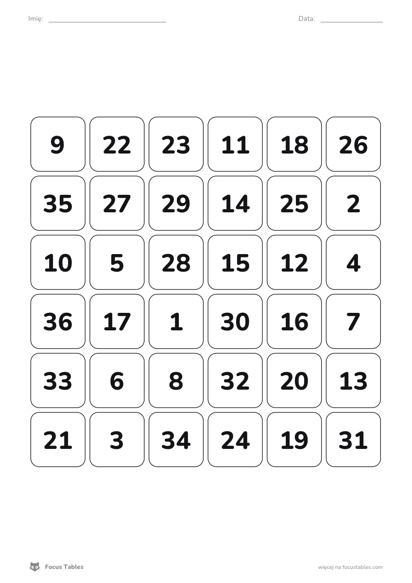 Printable 6×6 Schulte table (PDF) - advanced level