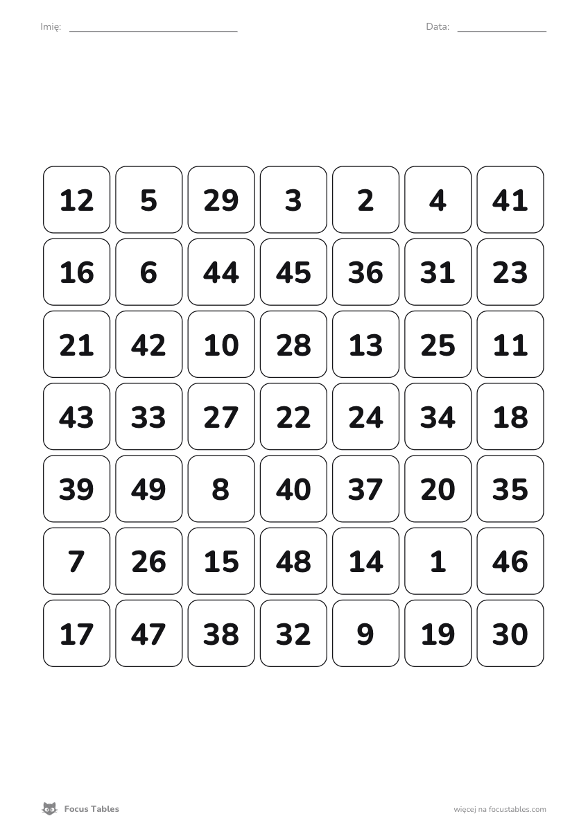 Printable 7×7 Schulte table (PDF) - for experts
