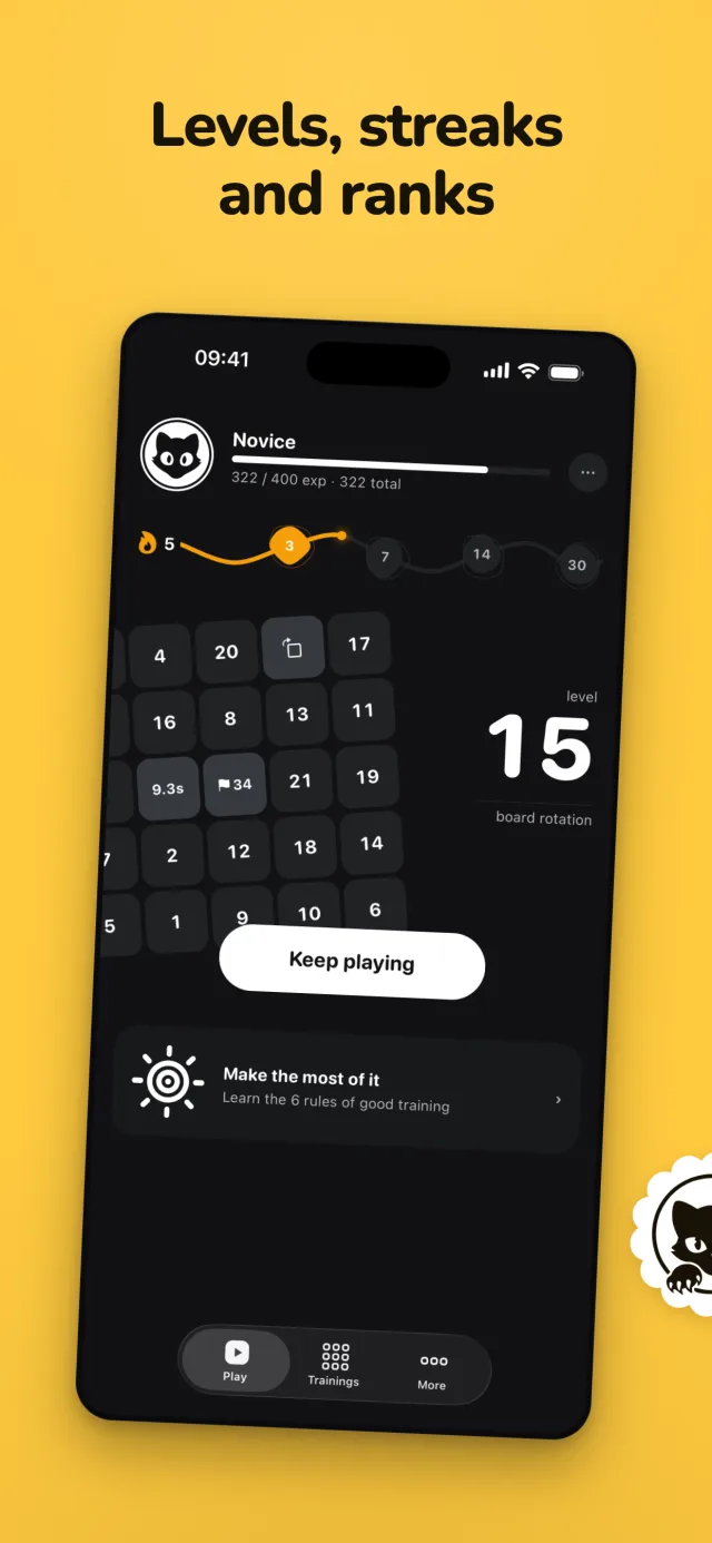 Career mode screen: levels, streaks and ranks