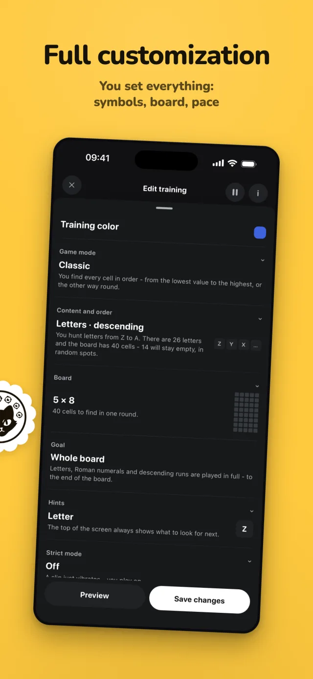 Training builder: symbols, board, pace